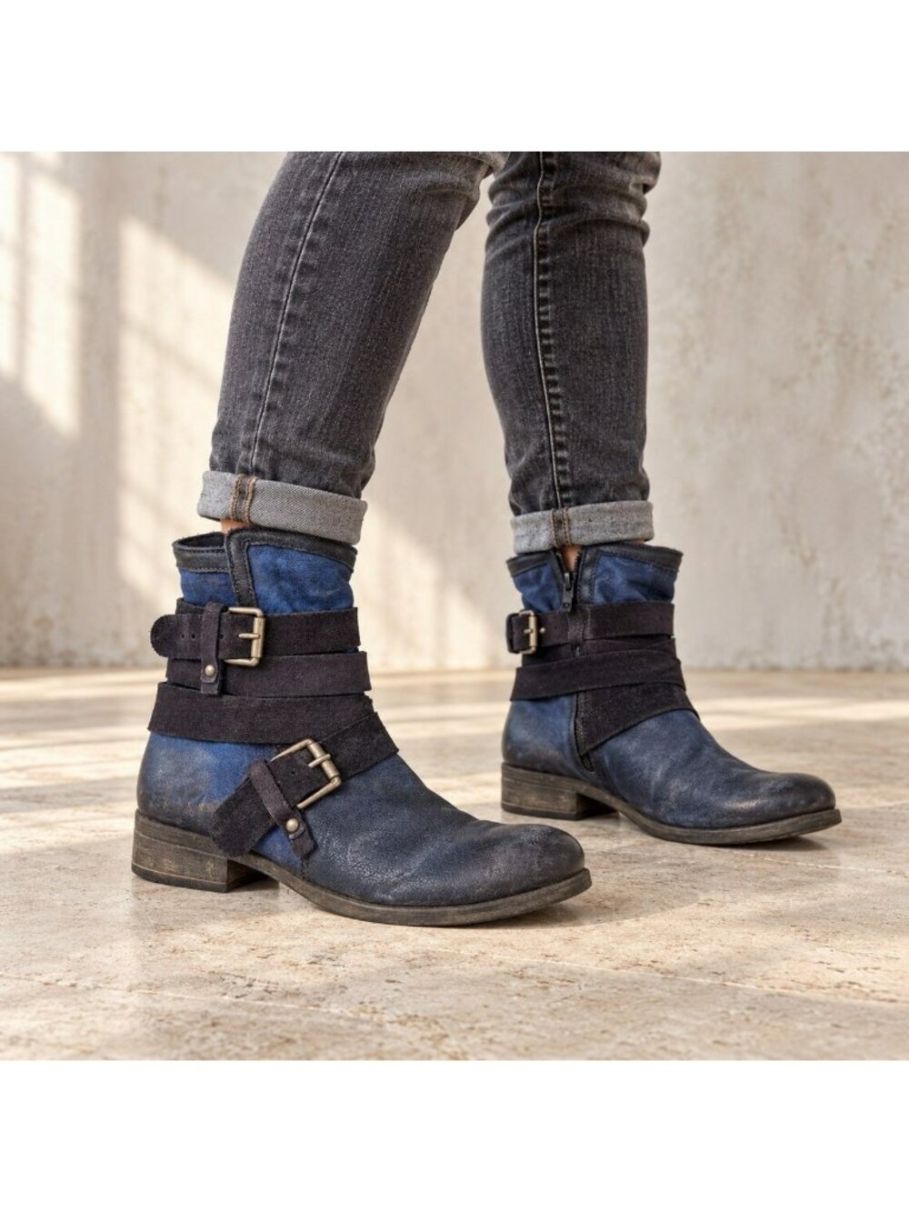 $200 Miz Mooz Savvy Ankle Boots Blue Leather Two Tone Womens US 9 EU 40 Moto